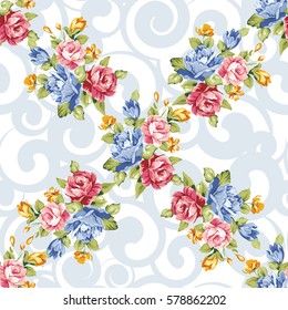 Seamless floral pattern with blue and pink roses Vector Illustration EPS8