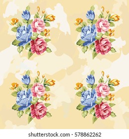 Seamless floral pattern with blue and pink roses Vector Illustration EPS8
