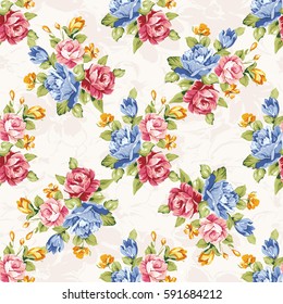 Nahtlose Blumenmuster mit blauen und rosafarbenen Rosen Vektor-Illustration EPS8