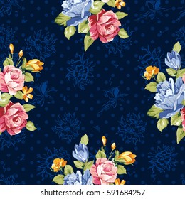 Seamless floral pattern with blue and pink roses Vector Illustration EPS8