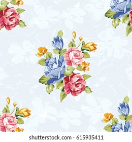 Seamless floral pattern with blue and pink roses Vector Illustration EPS8