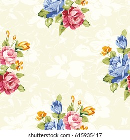 Patrón floral sin fisuras con rosas azules y rosadas Vector Ilustración EPS8