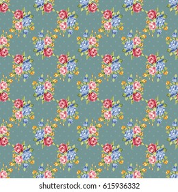 Seamless floral pattern with blue and pink roses Vector Illustration EPS8