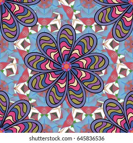 Seamless floral pattern with blue and pink flowers, watercolor. Vector flower illustration. Seamless pattern with floral motif.