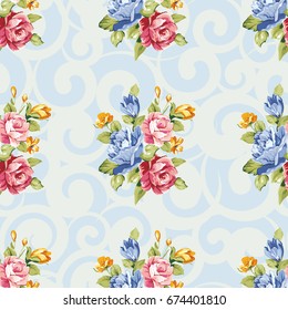 Seamless floral pattern with blue and pink roses Vector Illustration EPS8