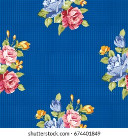 Seamless floral pattern with blue and pink roses Vector Illustration EPS8
