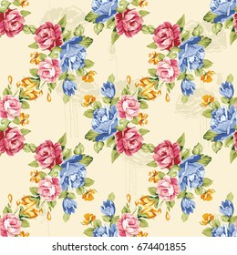 Seamless floral pattern with blue and pink roses Vector Illustration EPS8