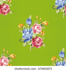 Seamless floral pattern with blue and pink roses Vector Illustration EPS8