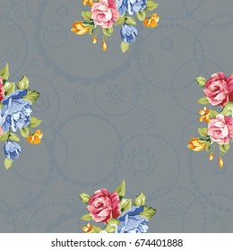 Seamless floral pattern with blue and pink roses Vector Illustration EPS8