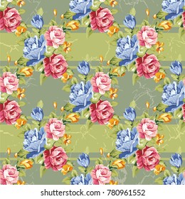 Patrón floral sin fisuras con rosas azules y rosadas Vector Ilustración EPS8