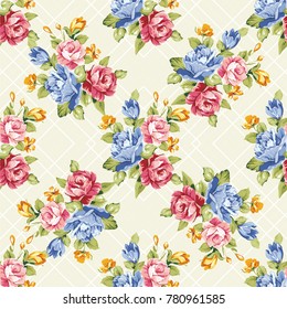 Seamless floral pattern with blue and pink roses Vector Illustration EPS8