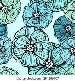 Seamless floral pattern with blue poppy flowers 