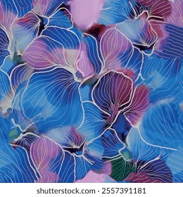 Seamless floral pattern with blue, purple and pink color hand drawn art tie dye marble background elements. Flower garden wallpaper design vector