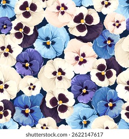 Seamless floral pattern with blue, purple, and white pansy flowers. Vector floral print. Hand-drawn illustration, not AI