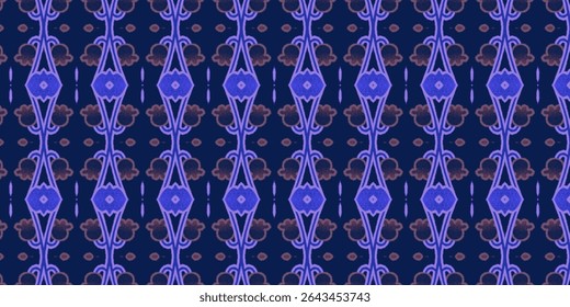 Seamless floral pattern in blue and purple with vintage motifs on a deep blue background. Ideal for wallpaper, fashion textiles, or digital art projects.