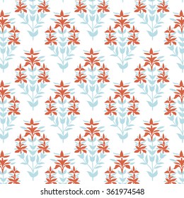 Seamless floral pattern. Blue and red damask flower background. Tile wrapping paper texture. Hand drawn vector illustration