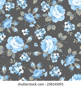 Seamless floral pattern with blue rose and grey leaves 