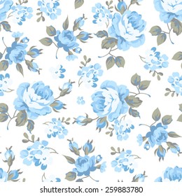 Seamless floral pattern with blue rose and grey leaves 