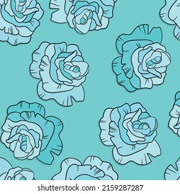 Nahtlose Blumenmuster mit blauen Rosen. Cartoon-Stil. Design für Gewebe, Textilien, Papier. Farbige Blumen auf buntem Hintergrund. Vektorgrafik über traditionelle Volkskunst-Ornamente.