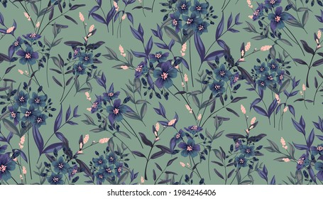 Seamless floral pattern in blue tones. Abstract composition with bouquets of small blue flowers on twigs, various herbs and leaves. Vector.