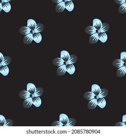 Patrón floral sin foco con ilustración de flores frangipani abstractas tropicales azules sobre fondo negro. diseño vectorial. floral monocromática elegante. Fondo floral. Tropos exóticos. Diseño de verano