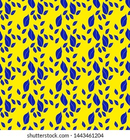 Seamless floral pattern. Blue twigs, leaves, foliage and circles on a white background, watercolor, ink.