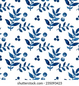 Seamless floral pattern. Blue twigs, leaves, foliage and circles on a white background, watercolor, ink. 