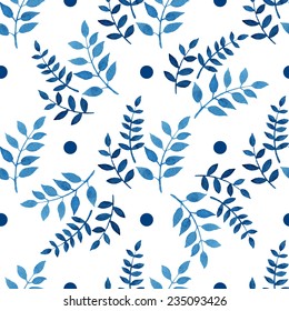 Seamless floral pattern. Blue twigs, leaves, foliage and circles on a white background, watercolor, ink. 