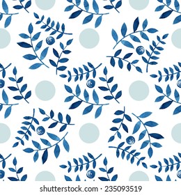 Seamless floral pattern. Blue twigs, leaves, foliage and circles on a white background, watercolor, ink. 