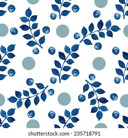 Seamless floral pattern. Blue twigs, leaves, foliage and circles on a white background, watercolor, ink. 