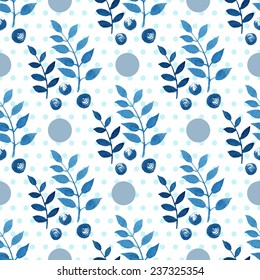 Seamless floral pattern. Blue twigs, leaves, foliage and little circles on a white background, watercolor, ink. 