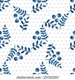 Seamless floral pattern. Blue twigs, leaves, foliage and little circles on a white background, watercolor, ink. 