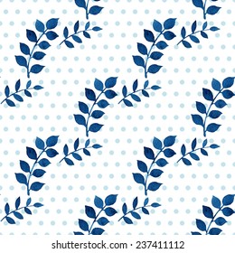 Seamless floral pattern. Blue twigs, leaves, foliage and little circles on a white background, watercolor, ink. 
