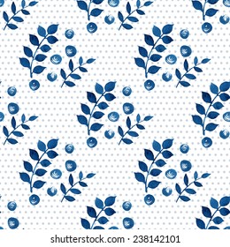 Seamless floral pattern. Blue twigs, leaves, foliage and little circles on a white background, watercolor, ink. 