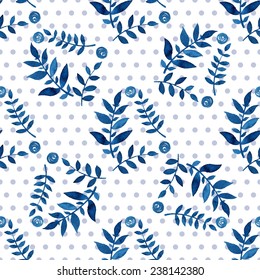 Seamless floral pattern. Blue twigs, leaves, foliage and little circles on a white background, watercolor, ink. 