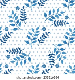 Seamless floral pattern. Blue twigs, leaves, foliage and little circles on a white background, watercolor, ink. 