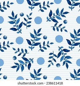 Seamless floral pattern. Blue twigs, leaves, foliage and little circles on a white background, watercolor, ink.