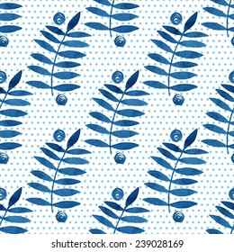 Seamless floral pattern. Blue twigs, leaves, foliage and little circles on a white background, watercolor, ink.