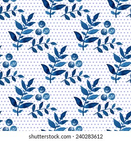 Seamless floral pattern. Blue twigs, leaves, foliage and little circles on a white background, watercolor, ink.