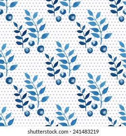 Seamless floral pattern. Blue twigs, leaves, foliage and little circles on a white background, watercolor, ink.