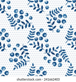 Seamless floral pattern. Blue twigs, leaves, foliage and little circles on a white background, watercolor, ink. 