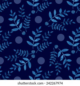 Seamless floral pattern. Blue twigs, leaves, foliage and little circles on a  dark blue background, watercolor, ink. 