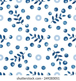 Seamless floral pattern. Blue twigs, leaves, foliage and circles on a white background, watercolor, ink.