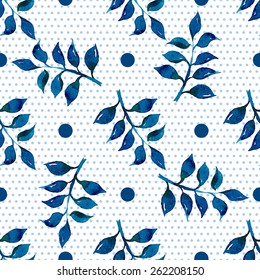 Seamless floral pattern. Blue twigs, leaves, foliage and circles on a white background, watercolor, ink. 