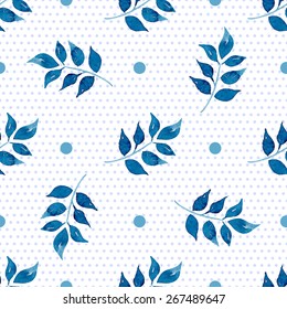Seamless floral pattern. Blue twigs, leaves, foliage and circles on a white background, watercolor, ink. 