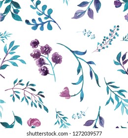 Seamless floral pattern with blue and violet botanical illustration. Hand drawn watercolour flower.