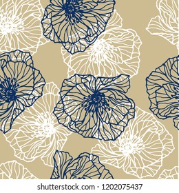 Seamless floral pattern with blue and white flowers. Vector seamless background. Fabric, wallpaper print texture. Perfectly for wrapper pattern, frame or border, texture. Hand drawn line art.