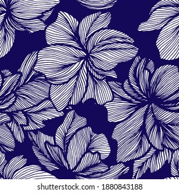 Seamless floral pattern in blue and white style. 