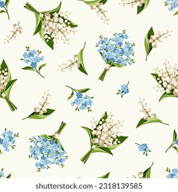 Seamless floral pattern with blue and white lily of the valley and forget-me-not flowers on an ivory background. Vector illustration