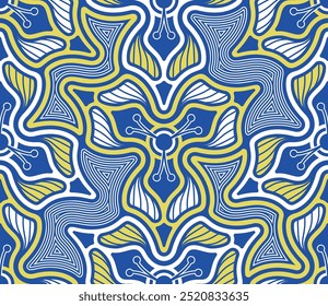 Padrão floral contínuo com flores geométricas abstratas azuis, brancas e amarelas. Design de estilo retro intrincado. Ilustração vetorial.